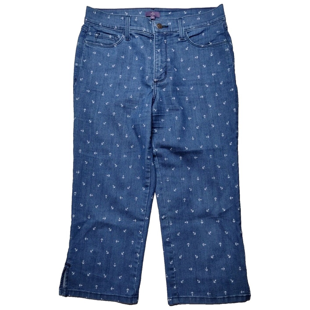 NYDJ Nautical Anchor AOP LIFT TUCK TECH Women Size 10 Cropped Blue Jeans